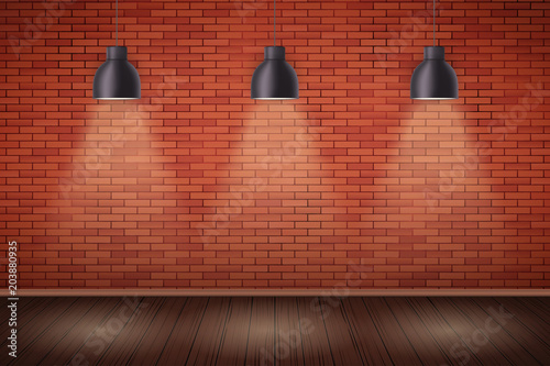 Interior of red brick wall with vintage pedant lamps and wooden floor. Vintage Rural room and fashion interior. Grunge Industrial Texture. Background of loft and trendy showroom or cafe. Vector.