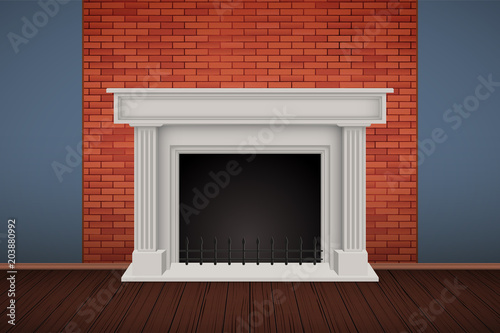 Interior of red brick wall with fireplace and wooden floor. Vintage Rural room and fashion interior. Background of loft and trendy restaraunt or cafe. Vector Illustration.