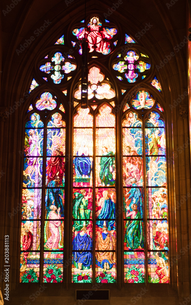 Stained Glass Window of Church European city.