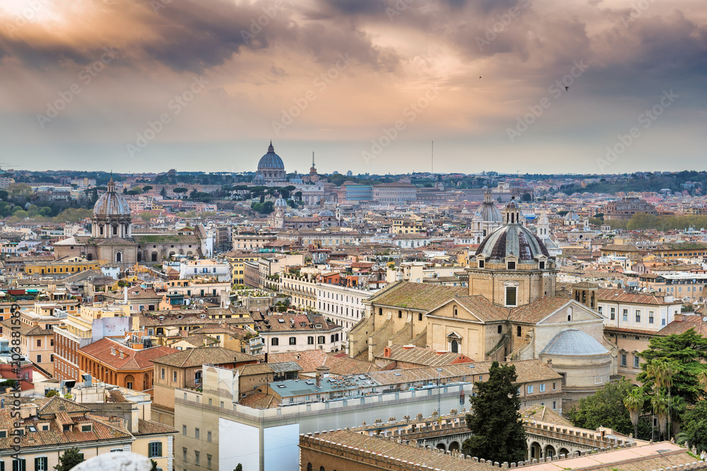 Skyline of Rome, Italy. Aerial view of Rome architecture and landmark with dramatic sky, Rome cityscape. 