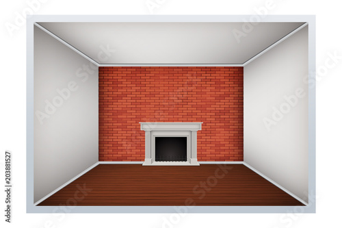 Example of an empty room with brick wall and fireplace. Simple interior without furnish and furniture. Imitation of three-dimensional space. Vector Illustration