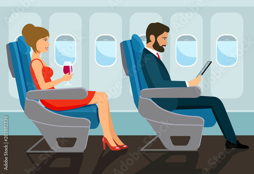 Passengers young beautiful girl and man character sitting in chair on the plane . Vector flat style illustration