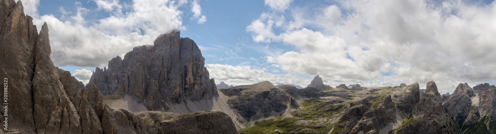Panorama of the Zwoelferkofel Mountain in the Dolomites, from the Alpinisteig, with the Zsigmondy hut