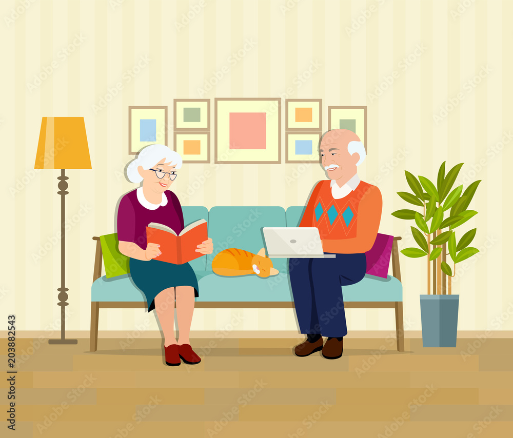 Grandmother, grandfather and cat sitting on the couch with notebook and book. Vector flat illustration Grandmother, grandfather and cat sitting on the couch with notebook and book. Vector flat illustration