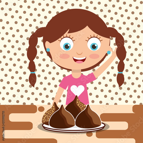 little girl with chocolate candy chips on dish vector illustration