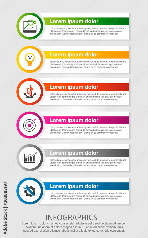 Fototapeta premium Modern vector illustration. Infographic template with six elements, circles and text. Step by step. Designed for business, presentations, web design, diagrams with 6 steps