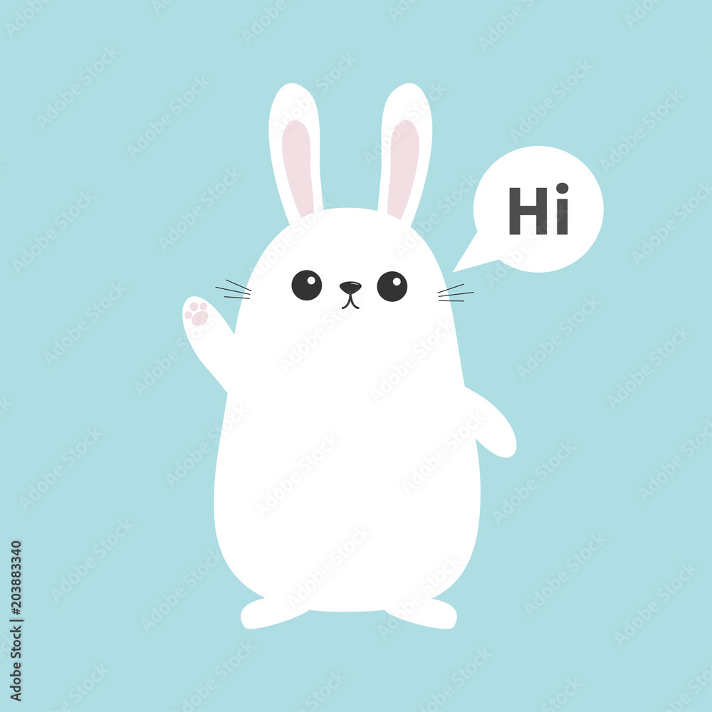 White bunny rabbit waving hand. Talking thinking bubble. Hi sticker. Funny  head face. Big ears. Cute kawaii cartoon character. Baby greeting card.  Easter symbol. Blue background. Flat design. Stock Vector | Adobe