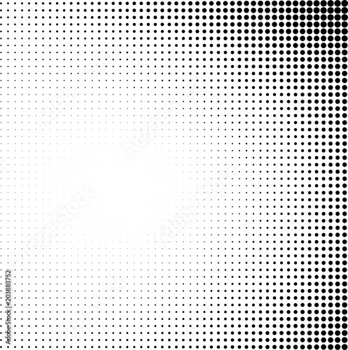Black and white dotted halftone background.