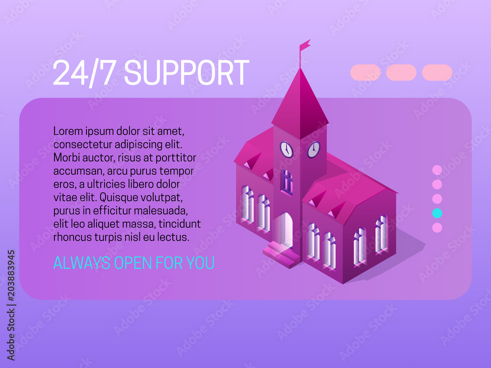 24/7 support concept. Web page header design with isometric element.