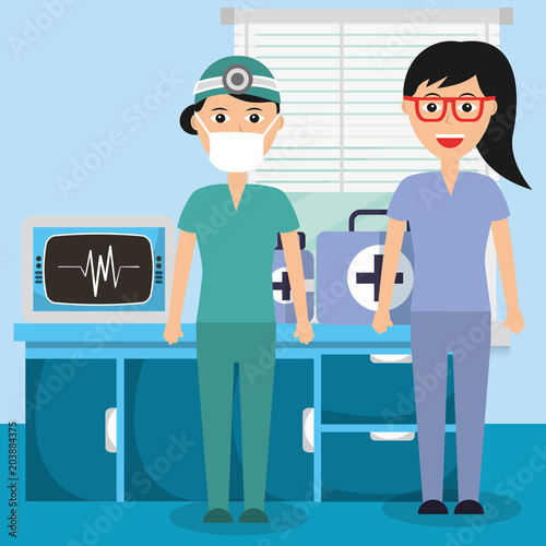 female doctor and nurse equipment supplies medical hospital vector illustration © Gstudio