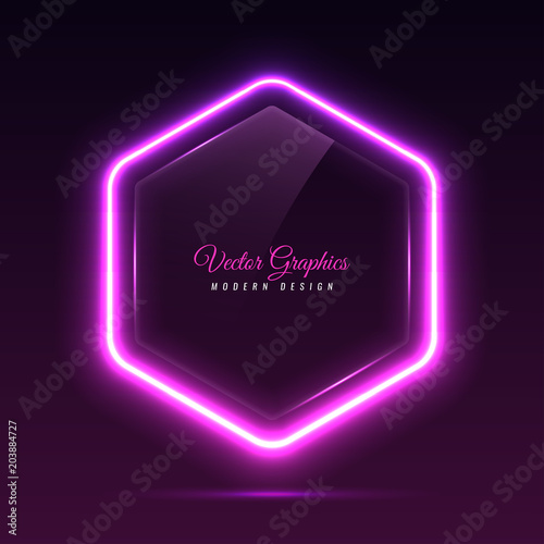 Glass banner of a hexagonal shape. Transparent billboard with neon lights. Vector illustration.