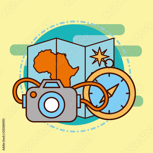 african map compass and photo camera safari equipment supplies vector illustration