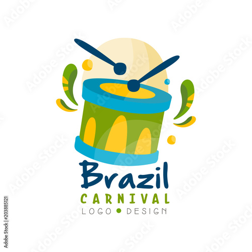 BrazilCarnival logo design, bright fest.ive party banner, poster with drum vector Illustration on a white background