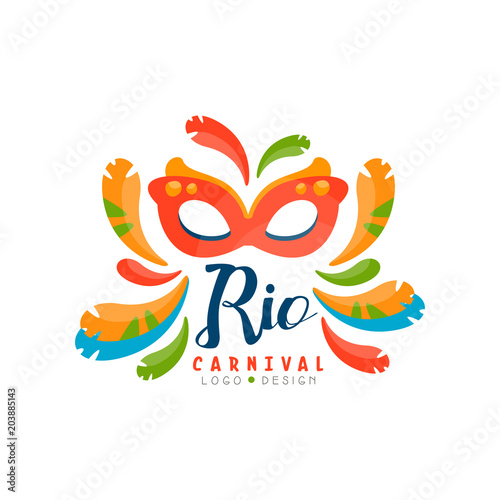 Rio Carnival logo design, bright festive party banner or poster with mask and feathers vector Illustration on a white background