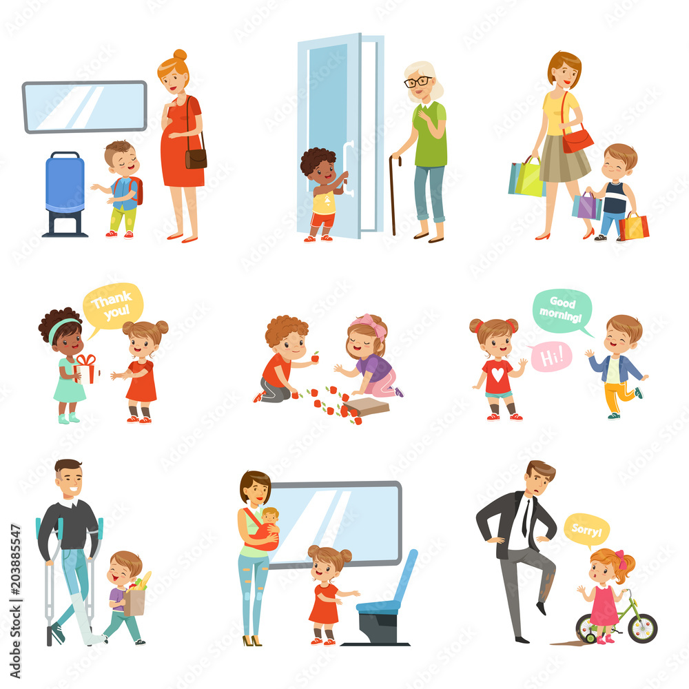Kids good manners set, polite children helping adults, giving way to transport, thanking each other vector Illustrations on a white background