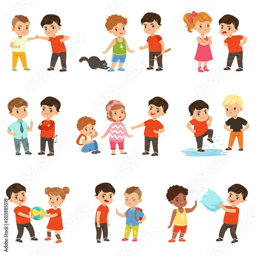 Brave children characters confronting hooligans set, bad boy bullying a smaller kid vector Illustrations on a white background