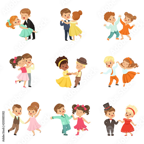 Couple of little kids dancing set  modern and classical dance performed by children vector Illustrations on a white background