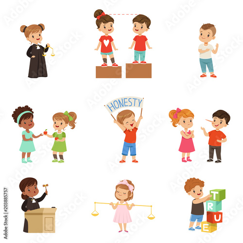 Kind and fair little children set, kids protecting friends, sharing with each other, carrying out justice vector Illustrations on a white background