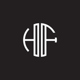 Initial letter HF, minimalist line art monogram circle shape logo, white color on black background