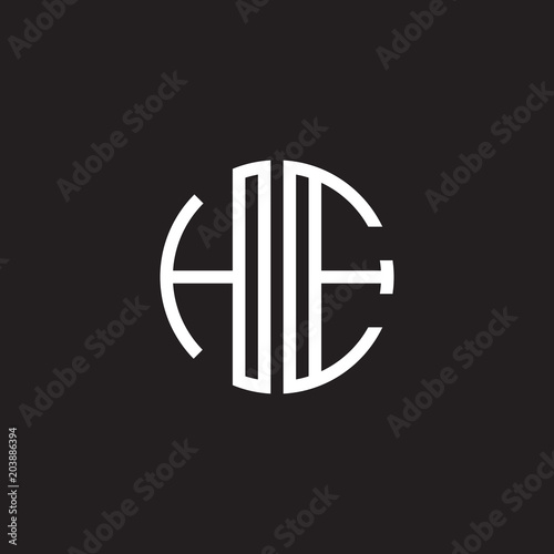 Initial letter HE, minimalist line art monogram circle shape logo, white color on black background