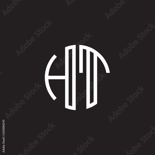 Initial letter HT  minimalist line art monogram circle shape logo  white color on black background