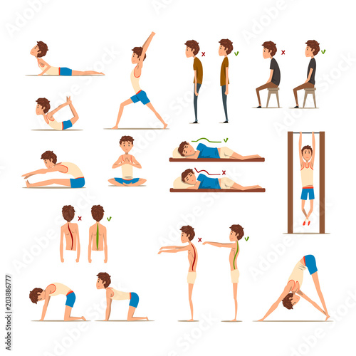Teen boy doing exercises set, correct and wrong spine posture, rehabilitation exercise for back pain and improving posture vector Illustrations on a white background