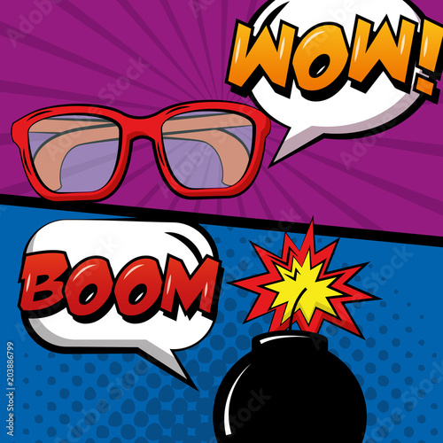 Fototapeta pop-artu komiks stylu retro banery okulary i ilustracji wektorowych bomby