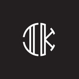 Initial letter IK, minimalist line art monogram circle shape logo, white color on black background