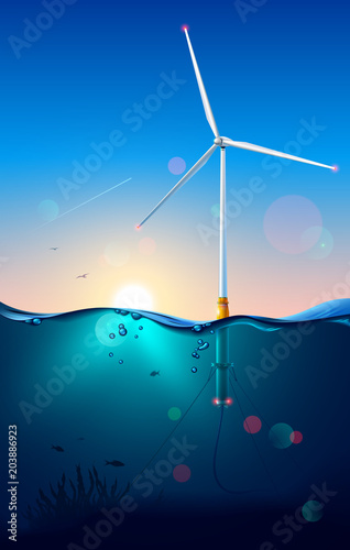 Wind turbine on offshore. Wind generator construction. Subsea or underwater view. Windmill connection power cable on seabed. Power generator technology. Seascape. Sun's rays shine through the water.