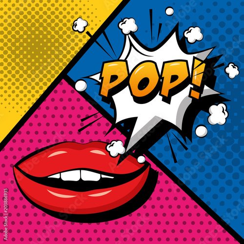 pop art comic sensual lips pop speech bubble vector illustration