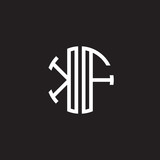 Initial letter KF, minimalist line art monogram circle shape logo, white color on black background