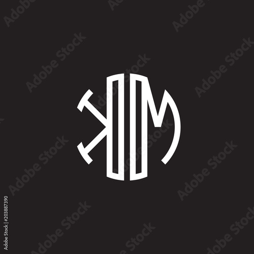 Initial letter KM  minimalist line art monogram circle shape logo  white color on black background