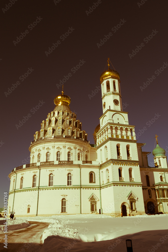 Fototapeta premium Southwest facade of the Resurrection Cathedral in The New Jerusalem Monastery of the 17th century after large scale renovation. Moscow suburbs, Russia.