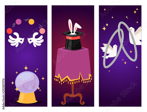 Magic effect trick vector symbol magician tools and surprise entertainment magical fantasy carnival mystery cartoon miracle decoration illustration.