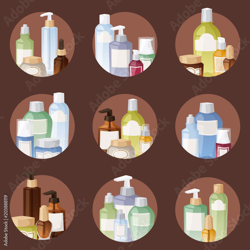Bottles of cosmetic cosmetology lotion makeup beauty plastic liquid cream container fluid pack vector illustration.