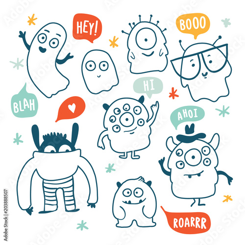 Cute monsters and ghosts colorful doodles