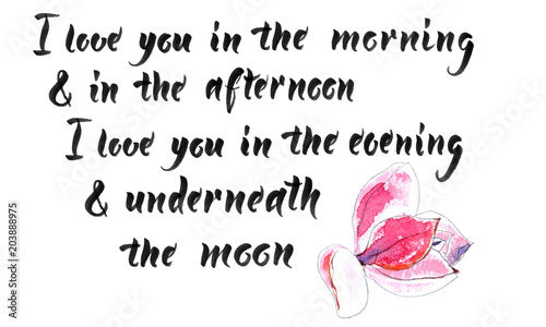 Obraz na płótnie Kocham cię rano i po południu, akwarela ilustracja magnolii i kaligrafii