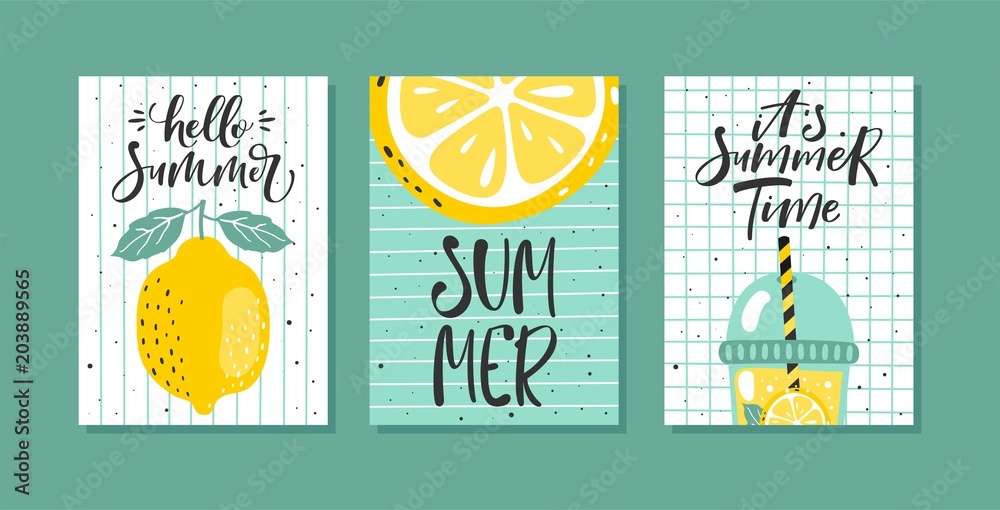 Vector set of bright summer cards. Posters with lemon, lemon slice, lemonade and hand written text. - obrazy, fototapety, plakaty 