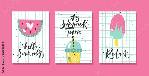 Vector set of bright summer cards. Posters with watermelon, ice cream, lemonade and hand written text.
