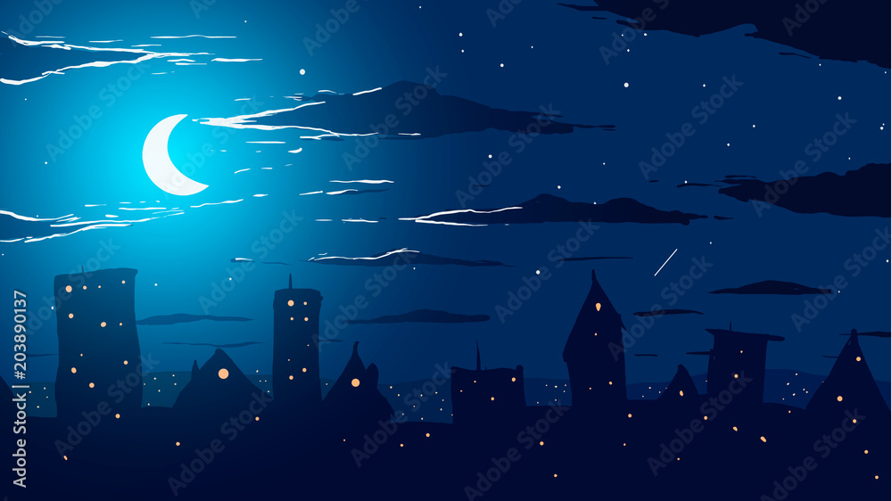 Vector illustration. City against stars and moon at night. Vector illustration. City against stars and moon at night.