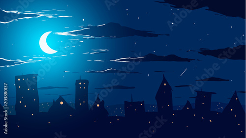 Vector illustration. City against stars and moon at night.