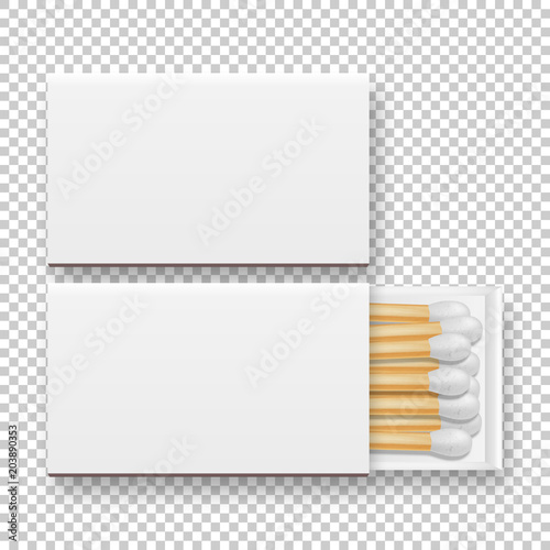 Vector 3d realistic closed and opened blank box of matches icon set, closeup isolated on transparency grid background, top view, white heads. Design template, clipart for graphics