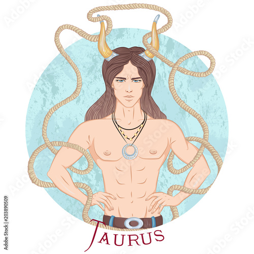Zodiac. Vector illustration of the astrological sign of Taurus as a beautiful man with a naked torso. Round shape