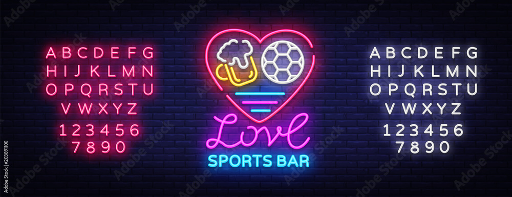 Sports bar logo neon vector. Sports pub neon sign, I love beer and Soccer concept, nightlife bright signboard for sports pub, bar, fan club, soccer cup, football online. Vector Editing text neon sign