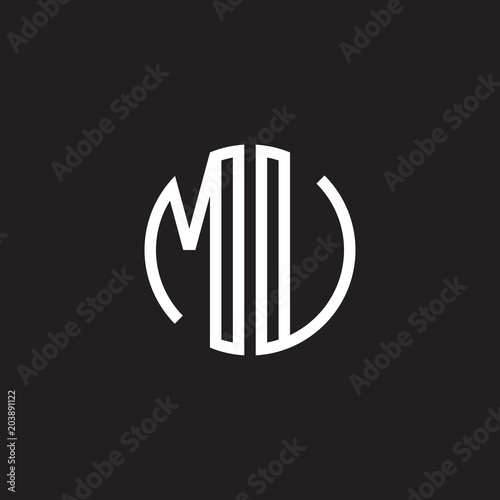 Initial letter MU, MV, minimalist line art monogram circle shape logo, white color on black background