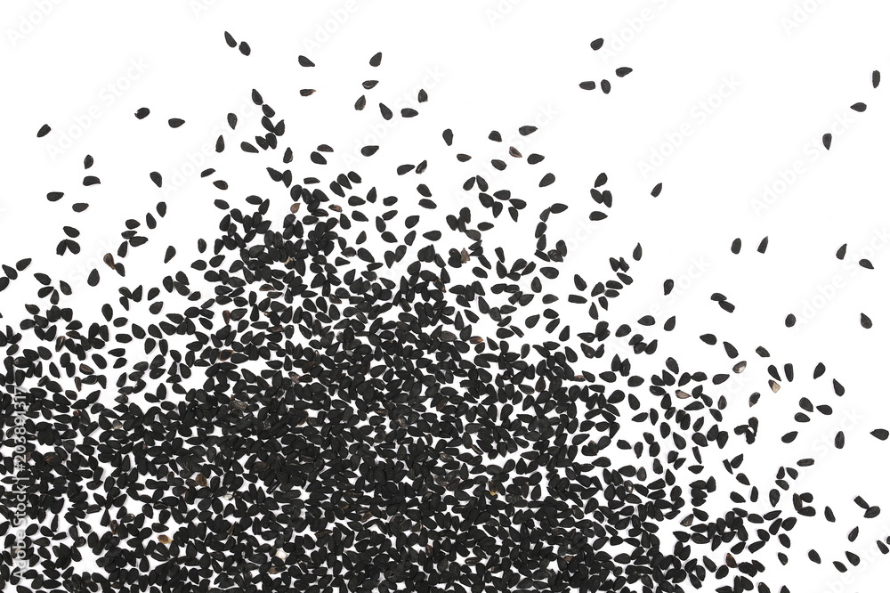 Pile of black cumin seeds isolated on white background, top view