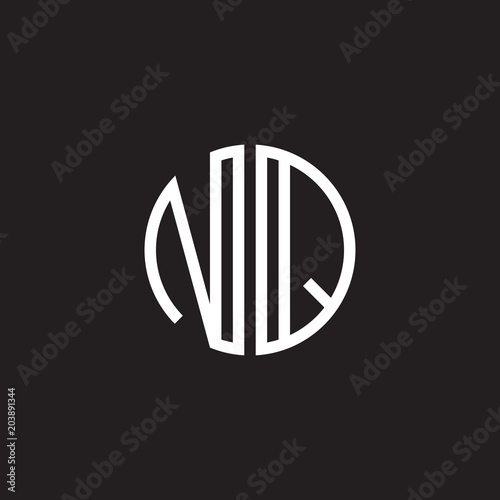 Initial letter NQ  minimalist line art monogram circle shape logo  white color on black background
