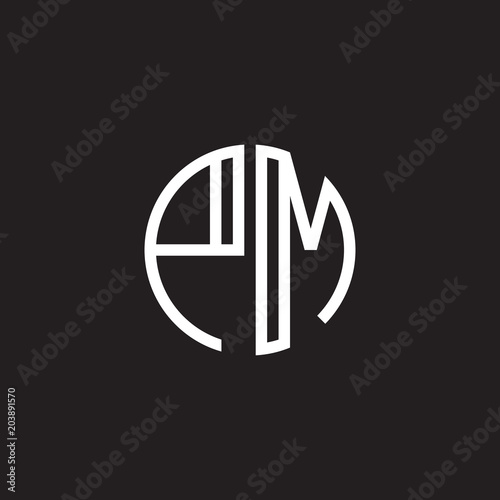 Initial letter PM, minimalist line art monogram circle shape logo, white color on black background