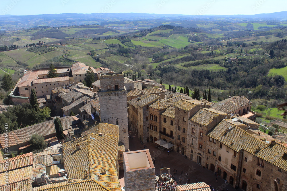 April 7th 2018,San Gimignano,Italy; View from above of Tuscan medieval town