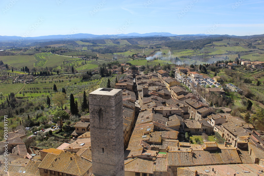 April 7th 2018,San Gimignano,Italy; Old town in Italy from above and Tuscan fields